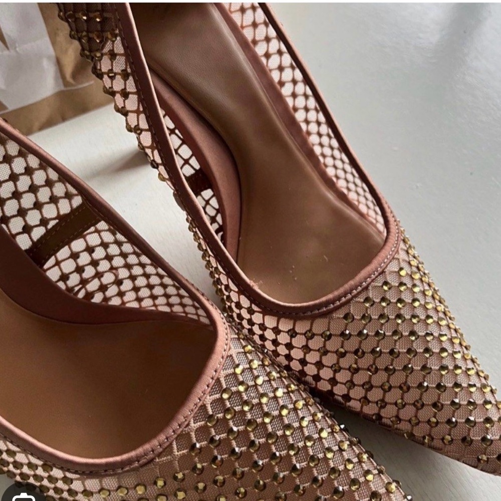 Zara Tan Mesh Heels with small fold rhinestone detail. Size 39.
